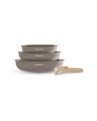 Set de 3 poêles grises avec 1 poignée amovible effet bois - 20-24-28 cm
