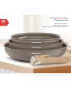 Set de 3 poêles grises avec 1 poignée amovible effet bois - 20-24-28 cm