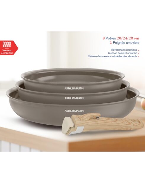 Set de 3 poêles grises avec 1 poignée amovible effet bois - 20-24-28 cm