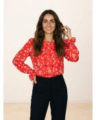 Overhemd met rood-wit bloemenprint en ruches
