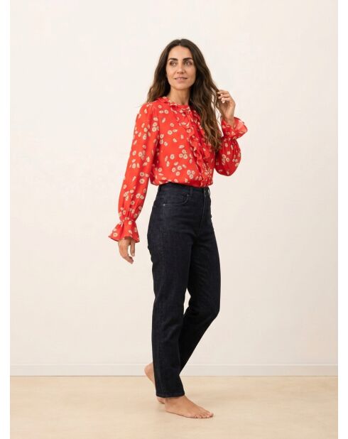 Overhemd met rood-wit bloemenprint en ruches