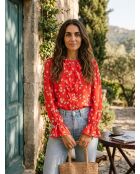 Overhemd met rood-wit bloemenprint en ruches