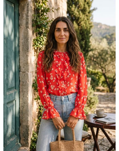Overhemd met rood-wit bloemenprint en ruches
