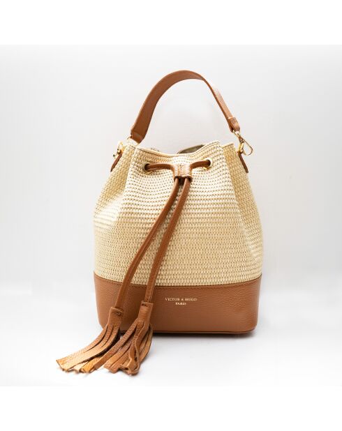 Livy Rafia Schultertasche aus kamelfarbenem Leder - 21,5x27x15cm