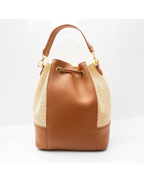 Livy Rafia Schultertasche aus kamelfarbenem Leder - 21,5x27x15cm
