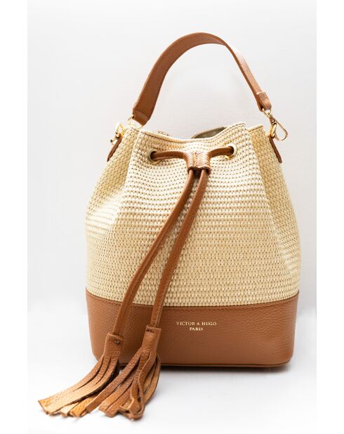 Cerise Rafia Schultertasche aus kamelfarbenem Leder - 33x28x14cm