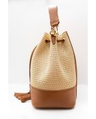 Cerise Rafia Schultertasche aus kamelfarbenem Leder - 33x28x14cm
