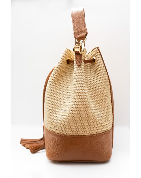 Cerise Rafia Schultertasche aus kamelfarbenem Leder - 33x28x14cm