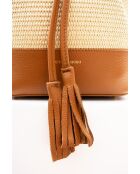 Cerise Rafia Schultertasche aus kamelfarbenem Leder - 33x28x14cm
