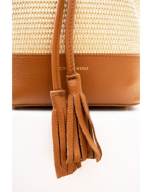 Cerise Rafia Schultertasche aus kamelfarbenem Leder - 33x28x14cm