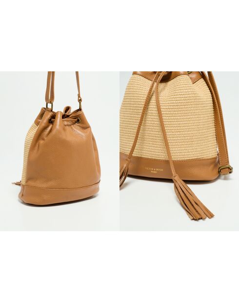 Cerise Rafia Schultertasche aus kamelfarbenem Leder - 33x28x14cm