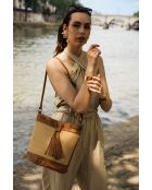 Cerise Rafia Schultertasche aus kamelfarbenem Leder - 33x28x14cm