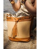 Cerise Rafia Schultertasche aus kamelfarbenem Leder - 33x28x14cm