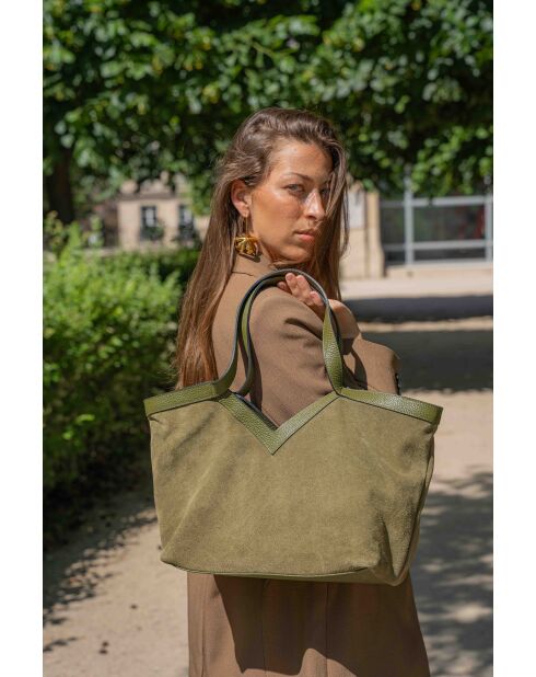 Olijfgroene Siri leren schoudertas - 50x29x14,5cm