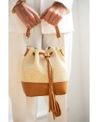 Mini Livy Rafia Schultertasche aus kamelfarbenem Leder - 18x21,5x11cm