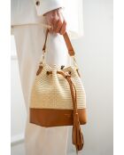 Mini Livy Rafia Schultertasche aus kamelfarbenem Leder - 18x21,5x11cm