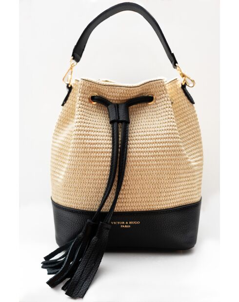 Cerise Rafia Schultertasche aus schwarzem Leder - 33x28x14cm
