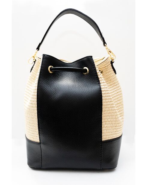 Cerise Rafia Schultertasche aus schwarzem Leder - 33x28x14cm