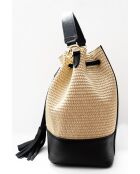 Cerise Rafia Schultertasche aus schwarzem Leder - 33x28x14cm
