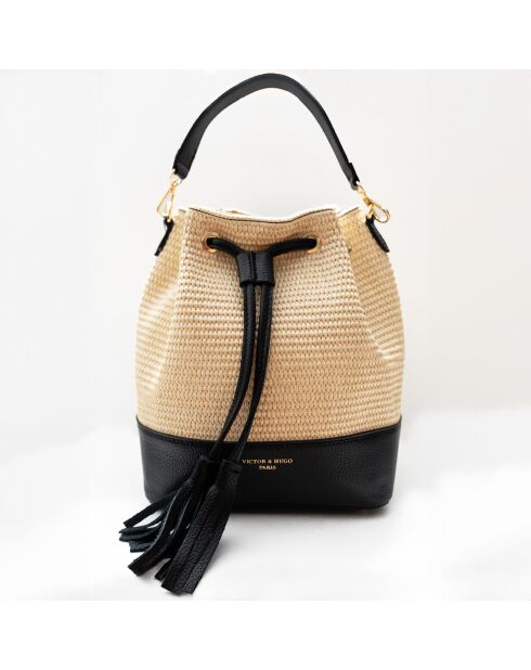 Livy Rafia Schultertasche aus schwarzem Leder - 21,5x27x15cm