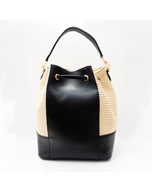 Livy Rafia Schultertasche aus schwarzem Leder - 21,5x27x15cm