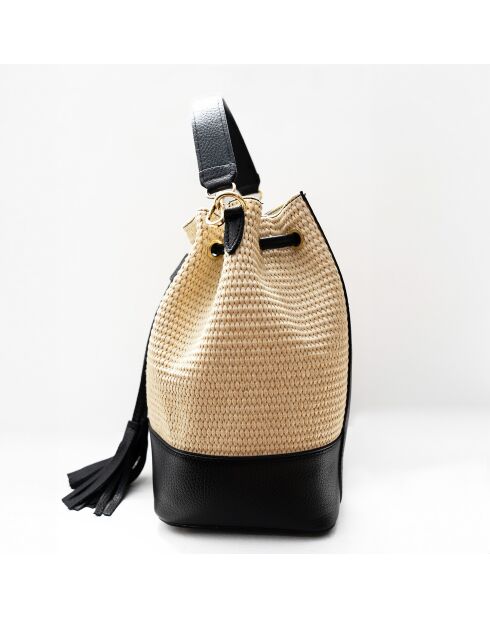Livy Rafia Schultertasche aus schwarzem Leder - 21,5x27x15cm