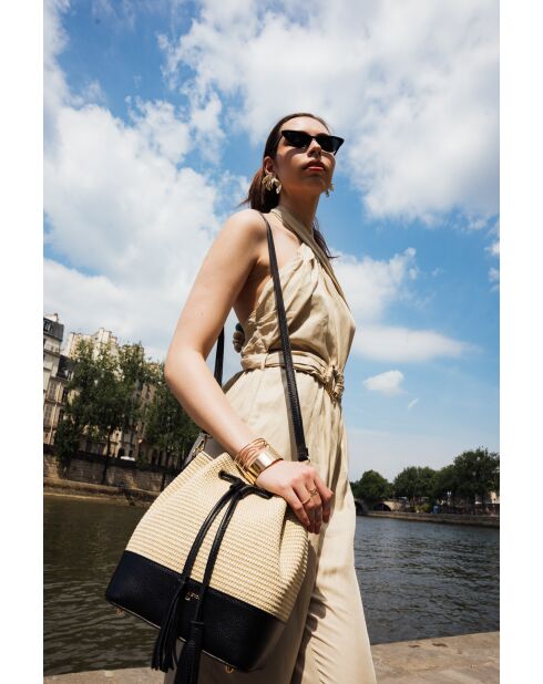 Livy Rafia Schultertasche aus schwarzem Leder - 21,5x27x15cm