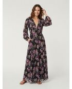Langes Kleid mit Blumendruck in Schwarz und Lila
