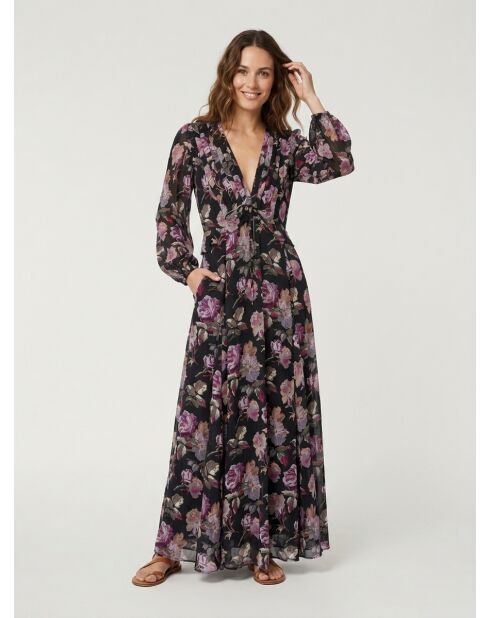 Langes Kleid mit Blumendruck in Schwarz und Lila