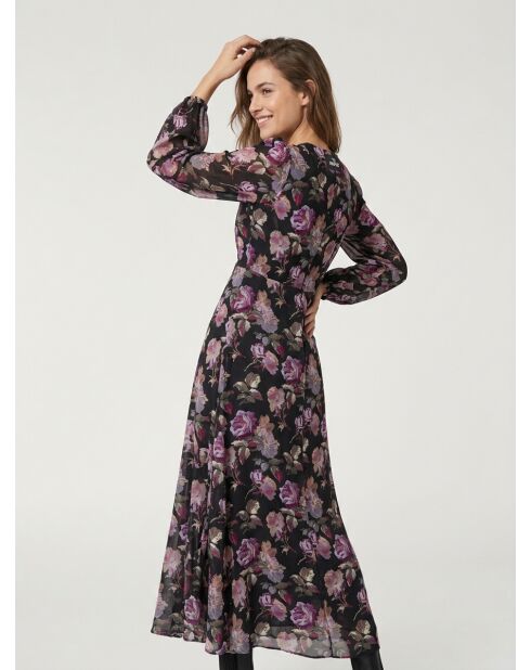 Langes Kleid mit Blumendruck in Schwarz und Lila