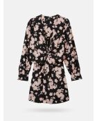 Langes Blumenkleid mit schwarz-rosa Drapierung