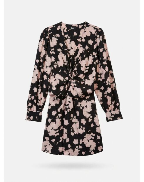 Langes Blumenkleid mit schwarz-rosa Drapierung