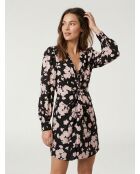 Langes Blumenkleid mit schwarz-rosa Drapierung