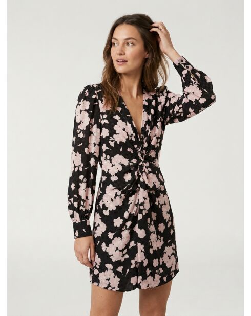 Langes Blumenkleid mit schwarz-rosa Drapierung
