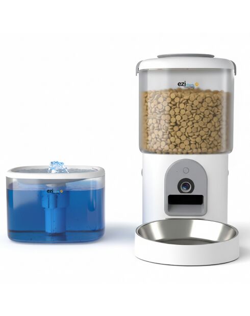 Distributeur de croquettes et fontaine pour chat et petit chien blanc / gris - 34x19x35.1 cm