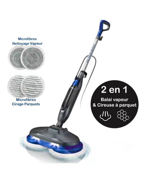Balai 2 en 1 Nettoyeur Vapeur / Cireuse de Parquet noir/bleu - 450 ml