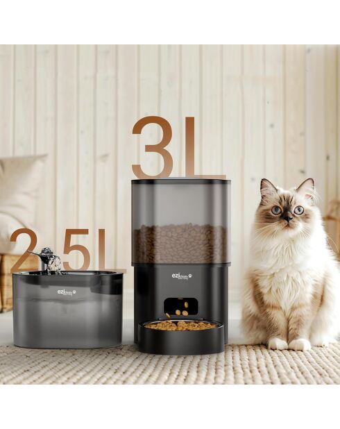 Set distributeur de croquettes et fontaine pour chat et petit chien anthracite - 28.3 × 18 × 29.8 cm