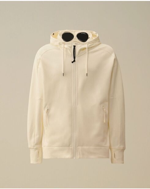 Witte hoodie met diagonale fleecebril en ritssluiting