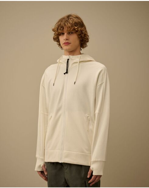 Witte hoodie met diagonale fleecebril en ritssluiting