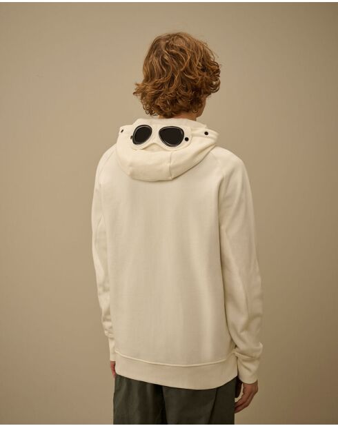 Witte hoodie met diagonale fleecebril en ritssluiting