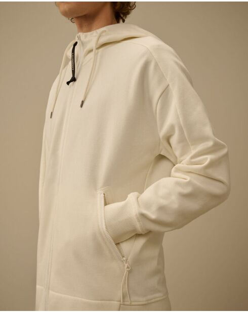 Witte hoodie met diagonale fleecebril en ritssluiting