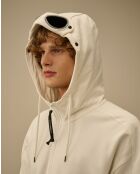Witte hoodie met diagonale fleecebril en ritssluiting