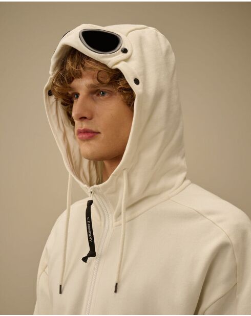 Witte hoodie met diagonale fleecebril en ritssluiting