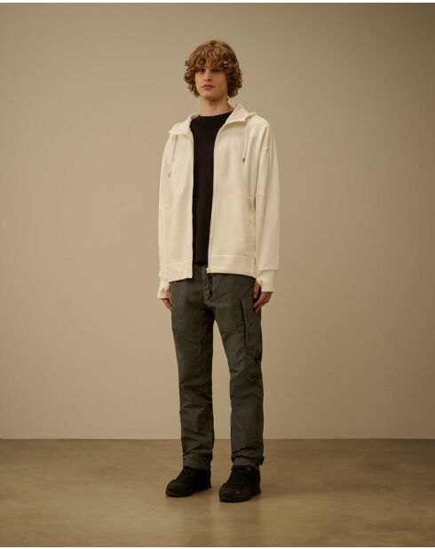 Witte hoodie met diagonale fleecebril en ritssluiting