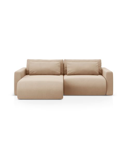 Divano angolare Belfast trasformabile in velluto a 3 posti con contenitore beige mandorla - 240x149x84 cm
