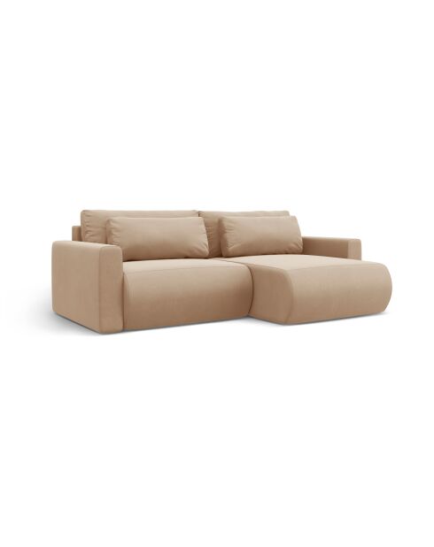 Divano angolare Belfast trasformabile in velluto a 3 posti con contenitore beige mandorla - 240x149x84 cm