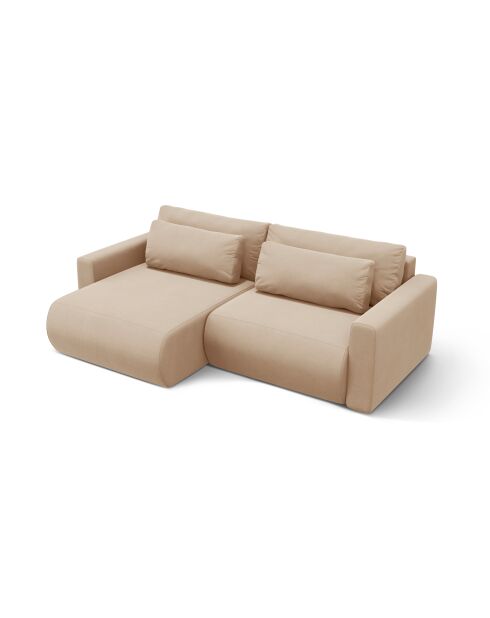 Divano angolare Belfast trasformabile in velluto a 3 posti con contenitore beige mandorla - 240x149x84 cm