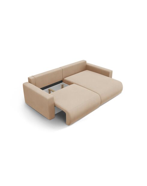 Divano angolare Belfast trasformabile in velluto a 3 posti con contenitore beige mandorla - 240x149x84 cm