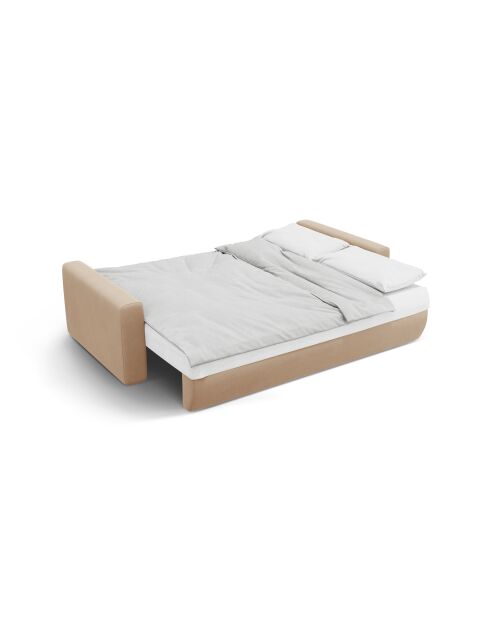 Divano trasformabile Belfast in velluto a 3 posti con contenitore beige mandorla - 238x105x84 cm