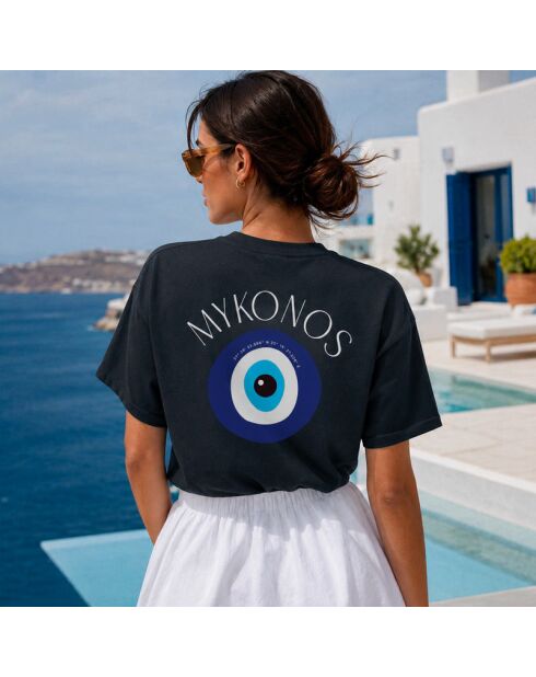 Boxy Mykonos schwarzes Baumwoll-T-Shirt